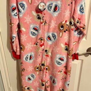 61- Women's Pink and Red Fleece Pajama Onesie